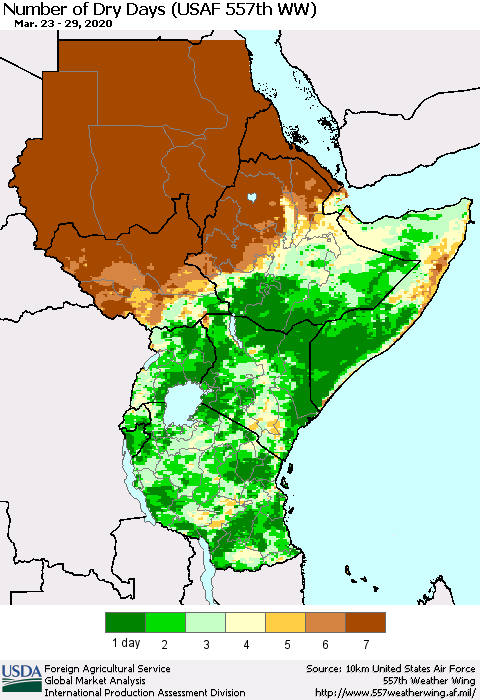 Eastern Africa Number of Dry Days (USAF 557th WW) Thematic Map For 3/23/2020 - 3/29/2020