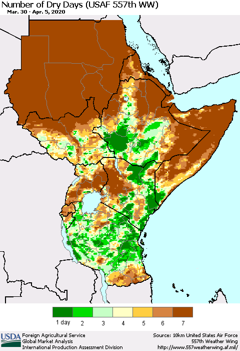 Eastern Africa Number of Dry Days (USAF 557th WW) Thematic Map For 3/30/2020 - 4/5/2020