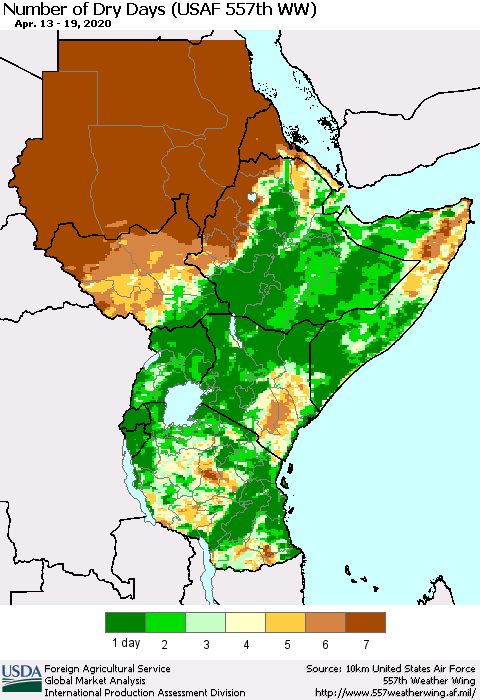 Eastern Africa Number of Dry Days (USAF 557th WW) Thematic Map For 4/13/2020 - 4/19/2020