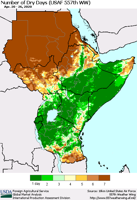 Eastern Africa Number of Dry Days (USAF 557th WW) Thematic Map For 4/20/2020 - 4/26/2020