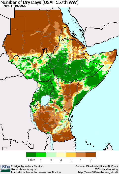 Eastern Africa Number of Dry Days (USAF 557th WW) Thematic Map For 5/4/2020 - 5/10/2020