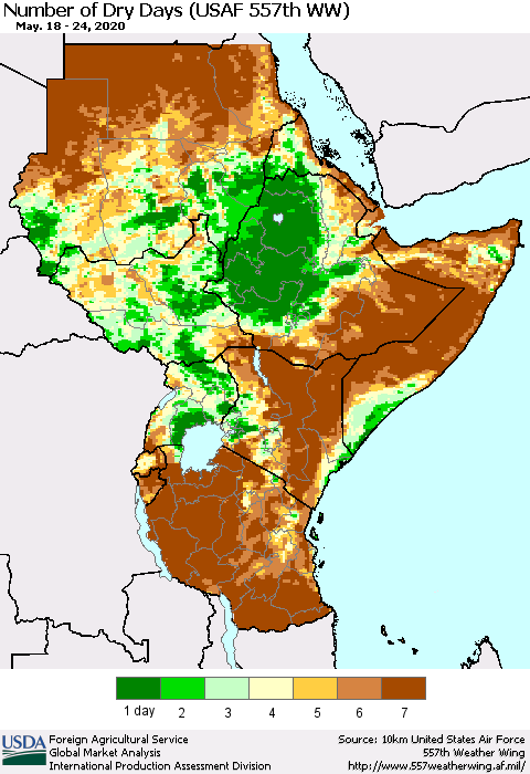 Eastern Africa Number of Dry Days (USAF 557th WW) Thematic Map For 5/18/2020 - 5/24/2020