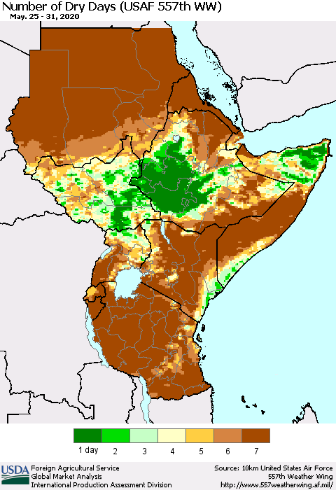 Eastern Africa Number of Dry Days (USAF 557th WW) Thematic Map For 5/25/2020 - 5/31/2020