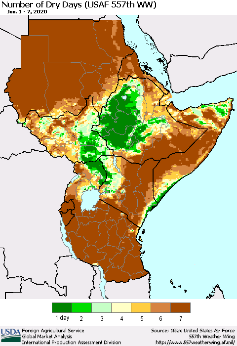 Eastern Africa Number of Dry Days (USAF 557th WW) Thematic Map For 6/1/2020 - 6/7/2020