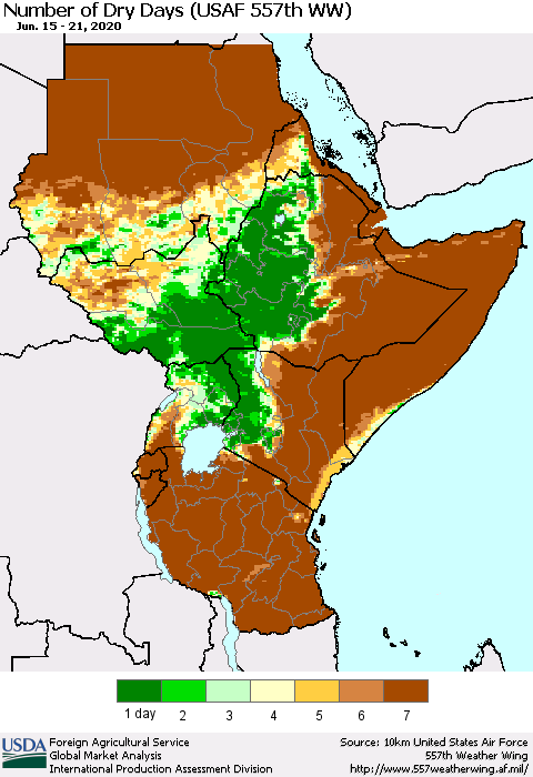 Eastern Africa Number of Dry Days (USAF 557th WW) Thematic Map For 6/15/2020 - 6/21/2020