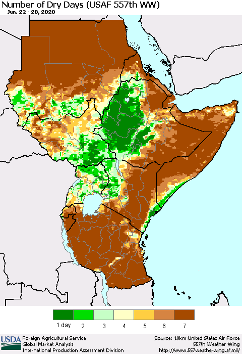 Eastern Africa Number of Dry Days (USAF 557th WW) Thematic Map For 6/22/2020 - 6/28/2020