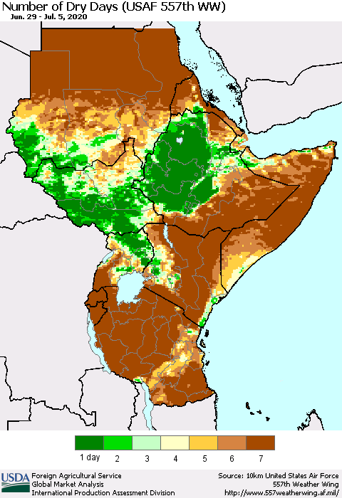 Eastern Africa Number of Dry Days (USAF 557th WW) Thematic Map For 6/29/2020 - 7/5/2020