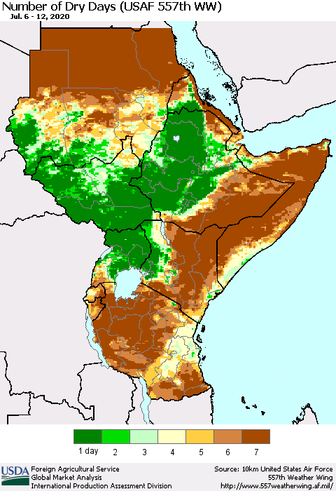 Eastern Africa Number of Dry Days (USAF 557th WW) Thematic Map For 7/6/2020 - 7/12/2020