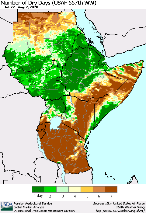 Eastern Africa Number of Dry Days (USAF 557th WW) Thematic Map For 7/27/2020 - 8/2/2020