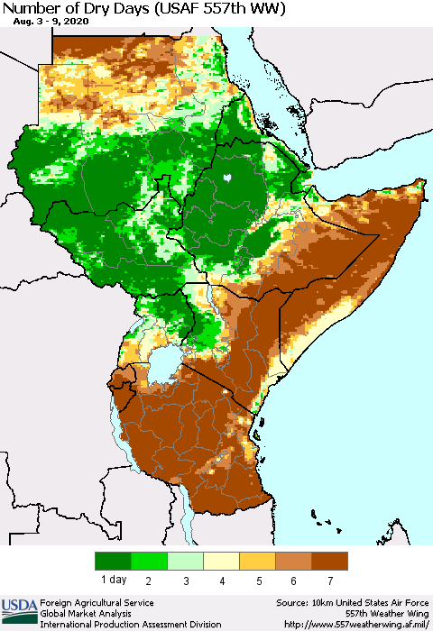 Eastern Africa Number of Dry Days (USAF 557th WW) Thematic Map For 8/3/2020 - 8/9/2020