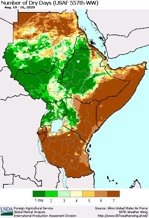 Eastern Africa Number of Dry Days (USAF 557th WW) Thematic Map For 8/10/2020 - 8/16/2020