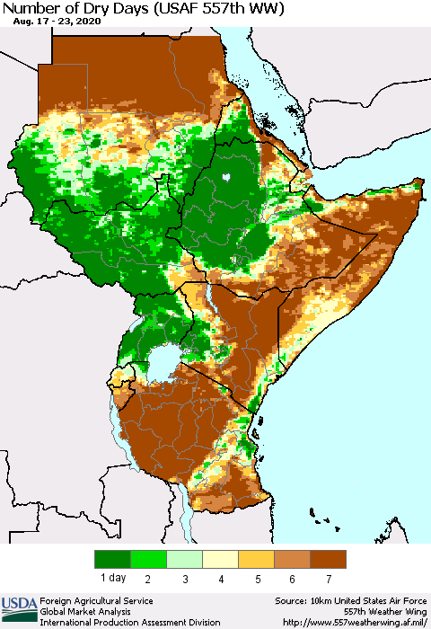 Eastern Africa Number of Dry Days (USAF 557th WW) Thematic Map For 8/17/2020 - 8/23/2020