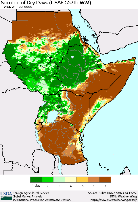 Eastern Africa Number of Dry Days (USAF 557th WW) Thematic Map For 8/24/2020 - 8/30/2020