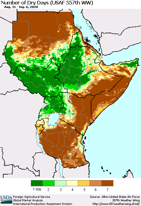 Eastern Africa Number of Dry Days (USAF 557th WW) Thematic Map For 8/31/2020 - 9/6/2020