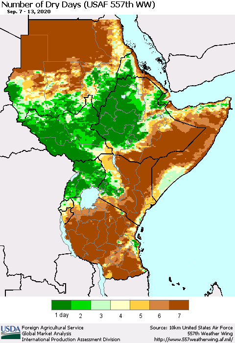 Eastern Africa Number of Dry Days (USAF 557th WW) Thematic Map For 9/7/2020 - 9/13/2020