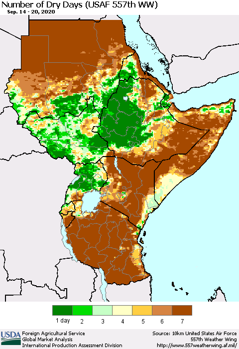 Eastern Africa Number of Dry Days (USAF 557th WW) Thematic Map For 9/14/2020 - 9/20/2020