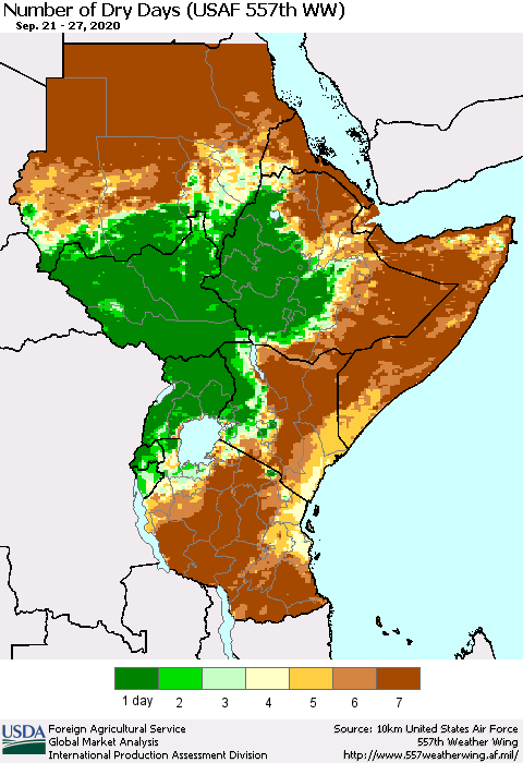 Eastern Africa Number of Dry Days (USAF 557th WW) Thematic Map For 9/21/2020 - 9/27/2020