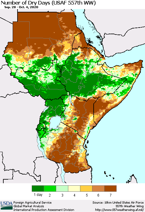 Eastern Africa Number of Dry Days (USAF 557th WW) Thematic Map For 9/28/2020 - 10/4/2020