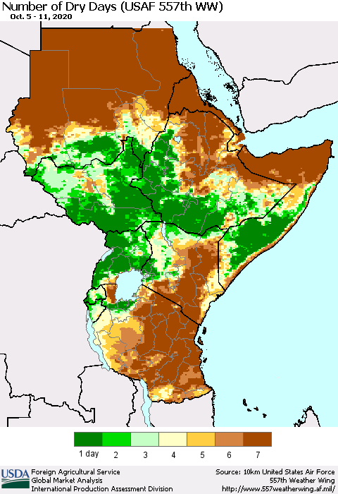 Eastern Africa Number of Dry Days (USAF 557th WW) Thematic Map For 10/5/2020 - 10/11/2020