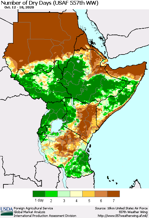 Eastern Africa Number of Dry Days (USAF 557th WW) Thematic Map For 10/12/2020 - 10/18/2020