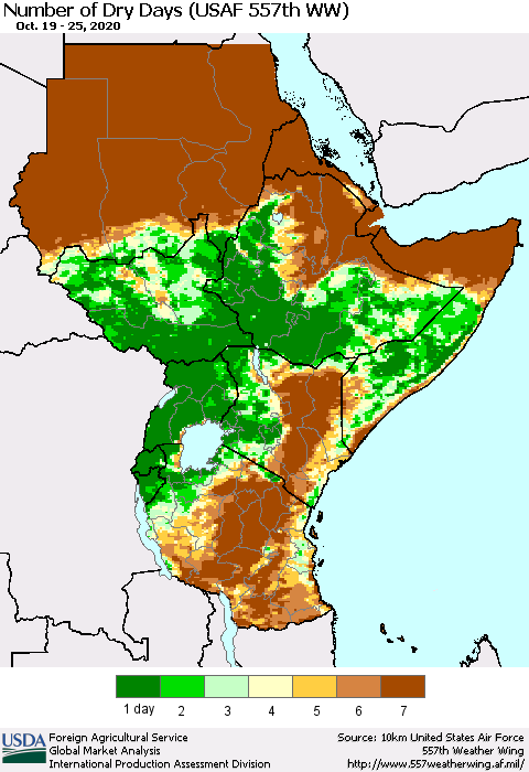Eastern Africa Number of Dry Days (USAF 557th WW) Thematic Map For 10/19/2020 - 10/25/2020