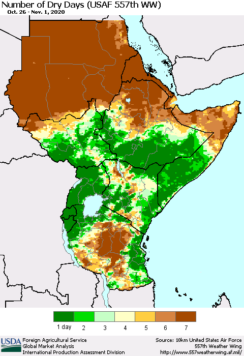 Eastern Africa Number of Dry Days (USAF 557th WW) Thematic Map For 10/26/2020 - 11/1/2020