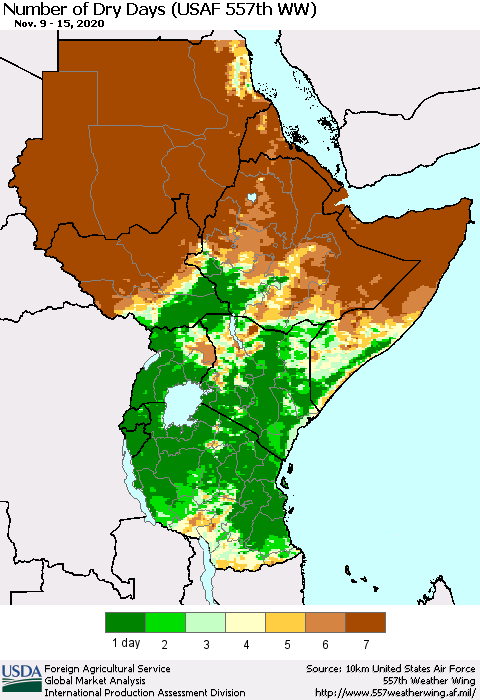 Eastern Africa Number of Dry Days (USAF 557th WW) Thematic Map For 11/9/2020 - 11/15/2020