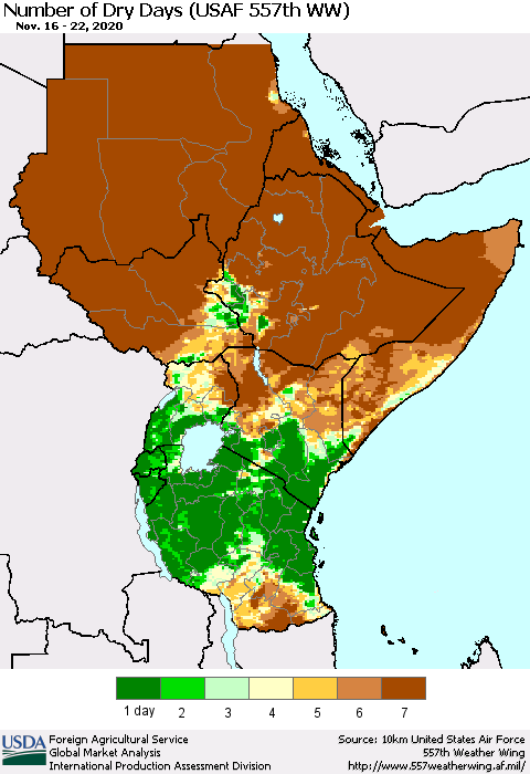 Eastern Africa Number of Dry Days (USAF 557th WW) Thematic Map For 11/16/2020 - 11/22/2020