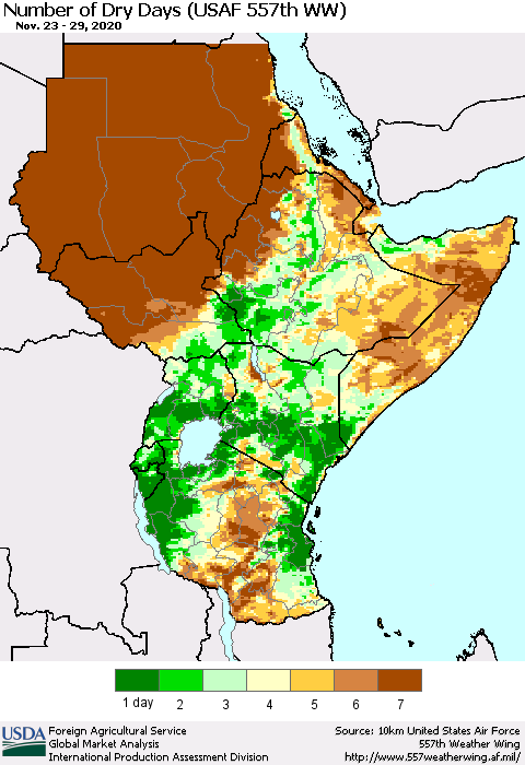 Eastern Africa Number of Dry Days (USAF 557th WW) Thematic Map For 11/23/2020 - 11/29/2020