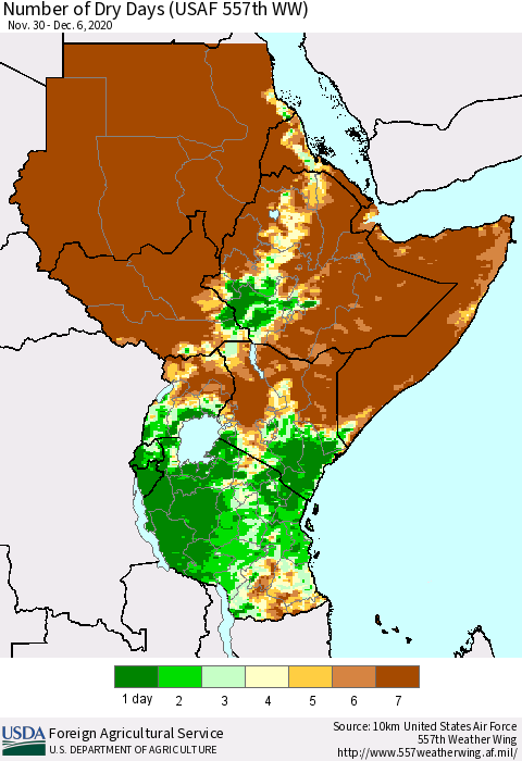 Eastern Africa Number of Dry Days (USAF 557th WW) Thematic Map For 11/30/2020 - 12/6/2020