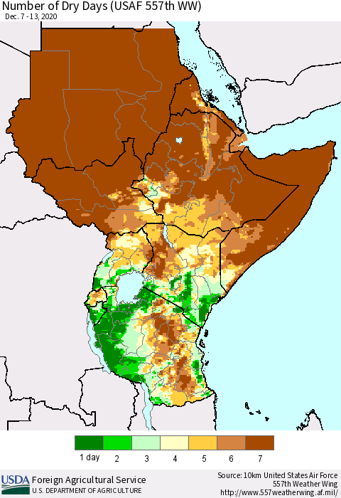 Eastern Africa Number of Dry Days (USAF 557th WW) Thematic Map For 12/7/2020 - 12/13/2020