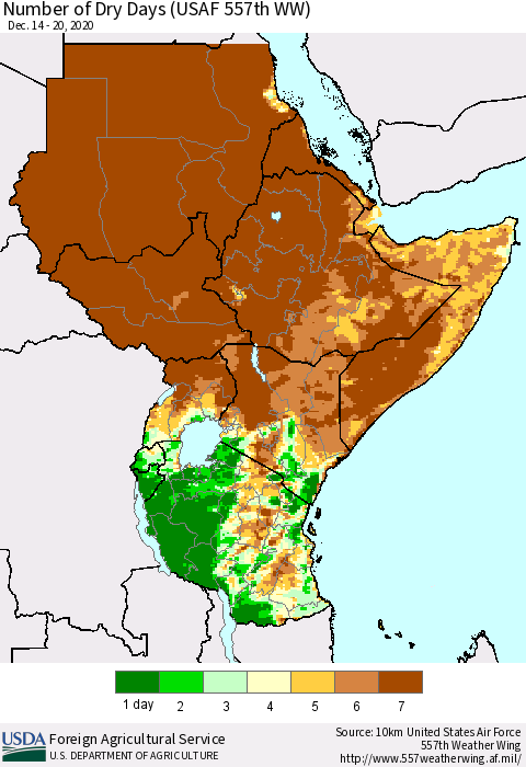 Eastern Africa Number of Dry Days (USAF 557th WW) Thematic Map For 12/14/2020 - 12/20/2020