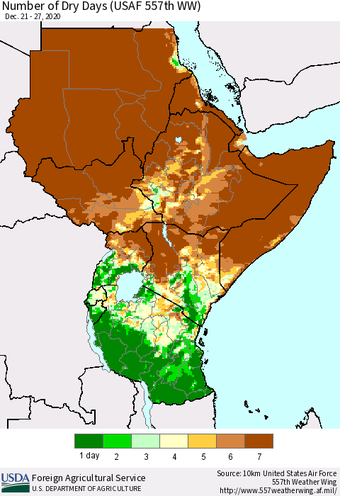 Eastern Africa Number of Dry Days (USAF 557th WW) Thematic Map For 12/21/2020 - 12/27/2020