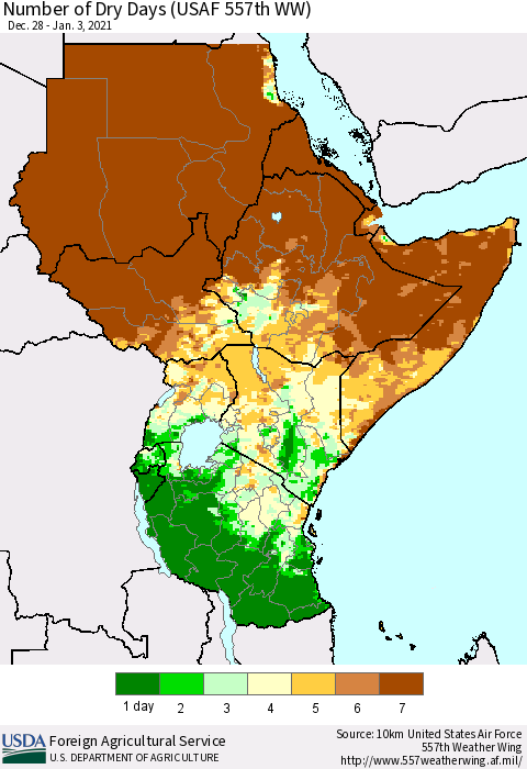 Eastern Africa Number of Dry Days (USAF 557th WW) Thematic Map For 12/28/2020 - 1/3/2021