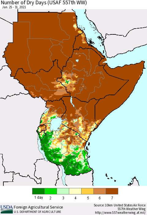 Eastern Africa Number of Dry Days (USAF 557th WW) Thematic Map For 1/25/2021 - 1/31/2021