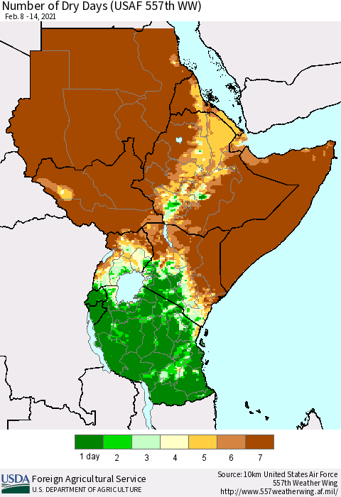Eastern Africa Number of Dry Days (USAF 557th WW) Thematic Map For 2/8/2021 - 2/14/2021