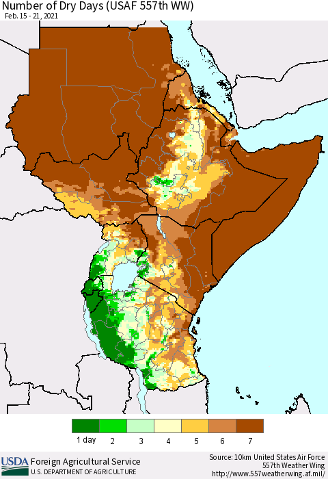 Eastern Africa Number of Dry Days (USAF 557th WW) Thematic Map For 2/15/2021 - 2/21/2021