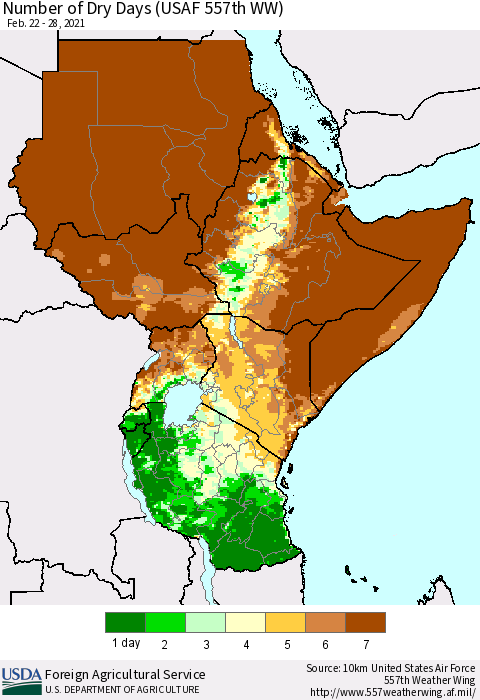 Eastern Africa Number of Dry Days (USAF 557th WW) Thematic Map For 2/22/2021 - 2/28/2021