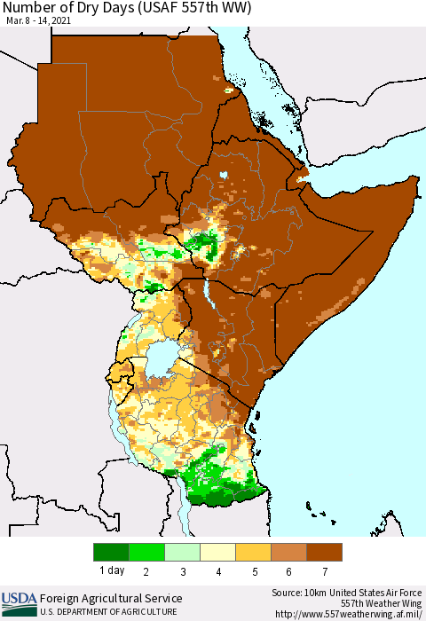 Eastern Africa Number of Dry Days (USAF 557th WW) Thematic Map For 3/8/2021 - 3/14/2021