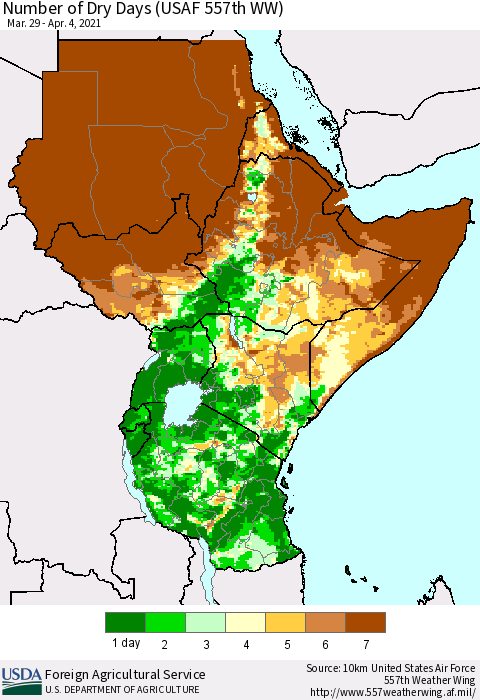 Eastern Africa Number of Dry Days (USAF 557th WW) Thematic Map For 3/29/2021 - 4/4/2021