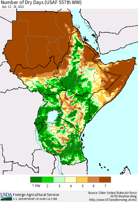 Eastern Africa Number of Dry Days (USAF 557th WW) Thematic Map For 4/12/2021 - 4/18/2021
