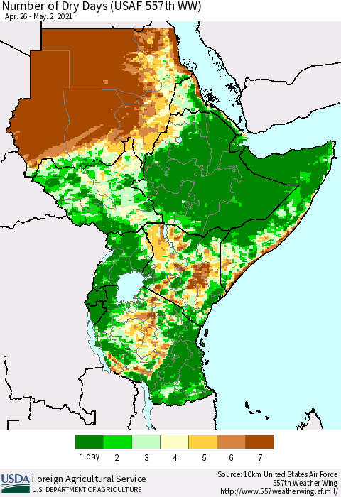 Eastern Africa Number of Dry Days (USAF 557th WW) Thematic Map For 4/26/2021 - 5/2/2021