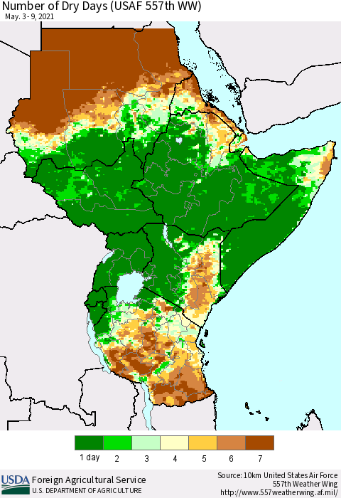Eastern Africa Number of Dry Days (USAF 557th WW) Thematic Map For 5/3/2021 - 5/9/2021