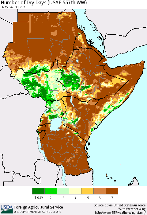 Eastern Africa Number of Dry Days (USAF 557th WW) Thematic Map For 5/24/2021 - 5/30/2021