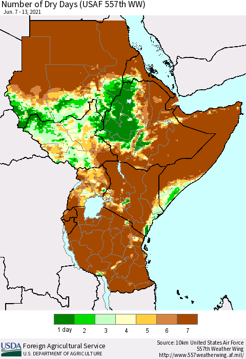 Eastern Africa Number of Dry Days (USAF 557th WW) Thematic Map For 6/7/2021 - 6/13/2021