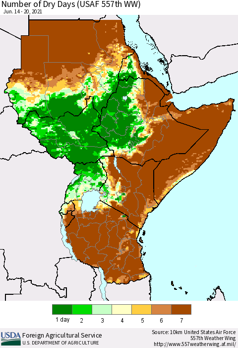 Eastern Africa Number of Dry Days (USAF 557th WW) Thematic Map For 6/14/2021 - 6/20/2021