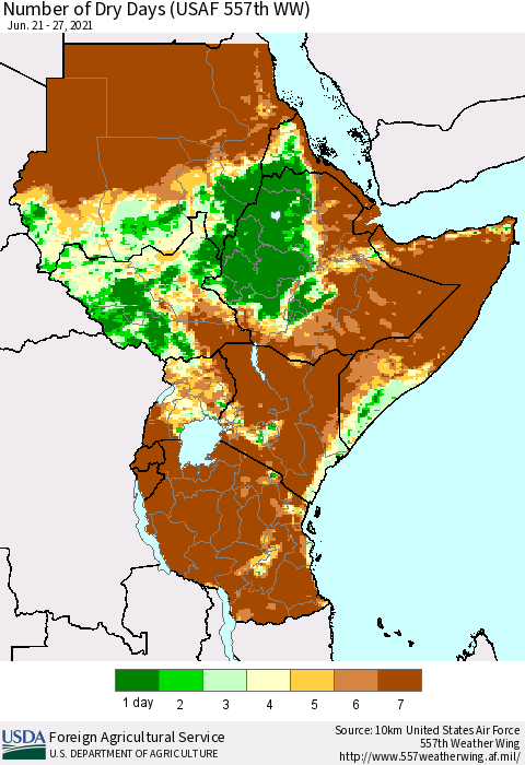Eastern Africa Number of Dry Days (USAF 557th WW) Thematic Map For 6/21/2021 - 6/27/2021