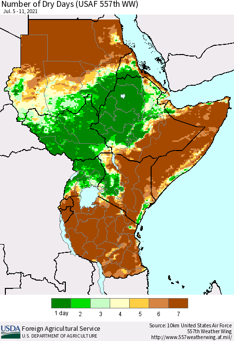 Eastern Africa Number of Dry Days (USAF 557th WW) Thematic Map For 7/5/2021 - 7/11/2021