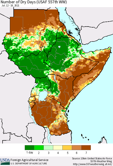 Eastern Africa Number of Dry Days (USAF 557th WW) Thematic Map For 7/12/2021 - 7/18/2021