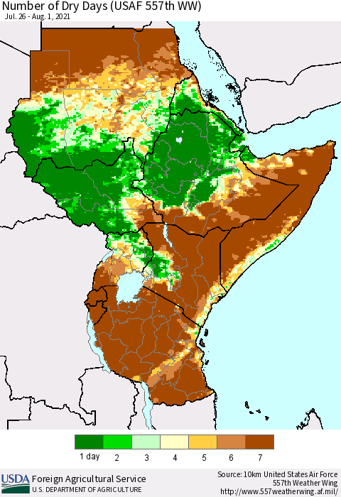 Eastern Africa Number of Dry Days (USAF 557th WW) Thematic Map For 7/26/2021 - 8/1/2021
